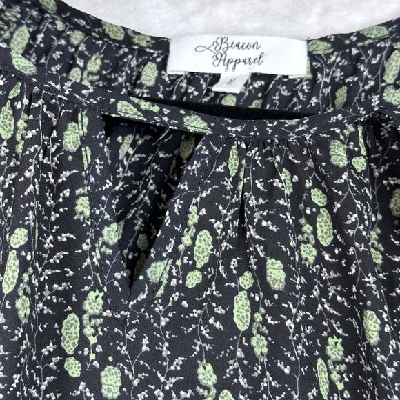 Beacon Apparel Black Green Floral Blouse Sz M 3/4 Sleeves Keyhole Flowy Fairy - Picture 10 of 12